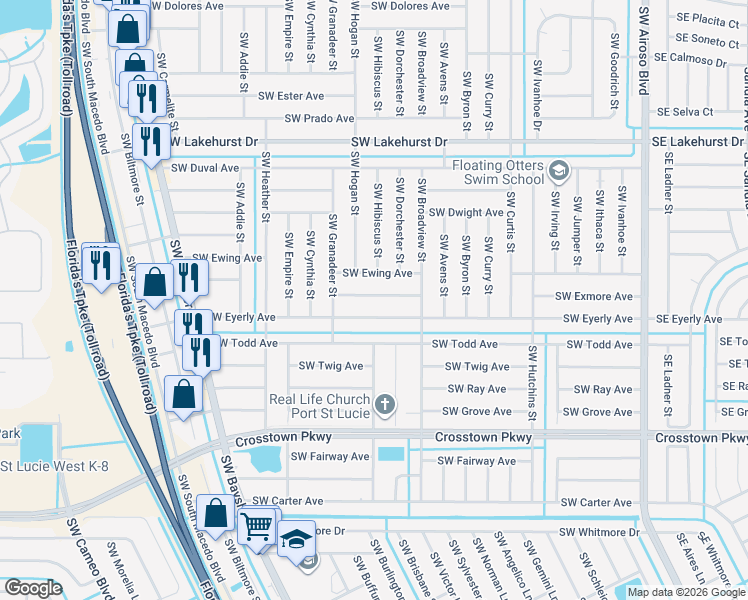 map of restaurants, bars, coffee shops, grocery stores, and more near 449 Southwest Eyerly Avenue in Port St. Lucie