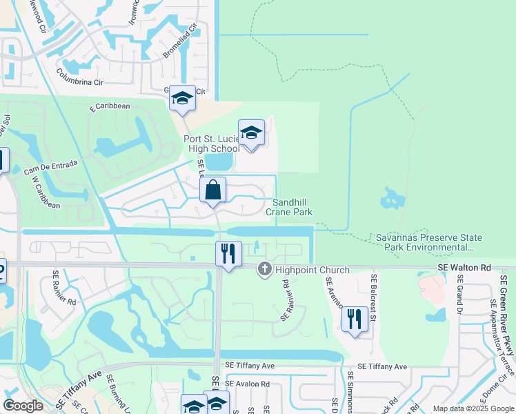map of restaurants, bars, coffee shops, grocery stores, and more near 2218 Southeast East Dunbrooke Circle in Port St. Lucie