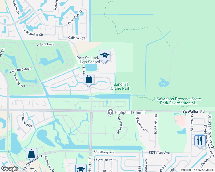 map of restaurants, bars, coffee shops, grocery stores, and more near 2218 Southeast East Dunbrooke Circle in Port St. Lucie
