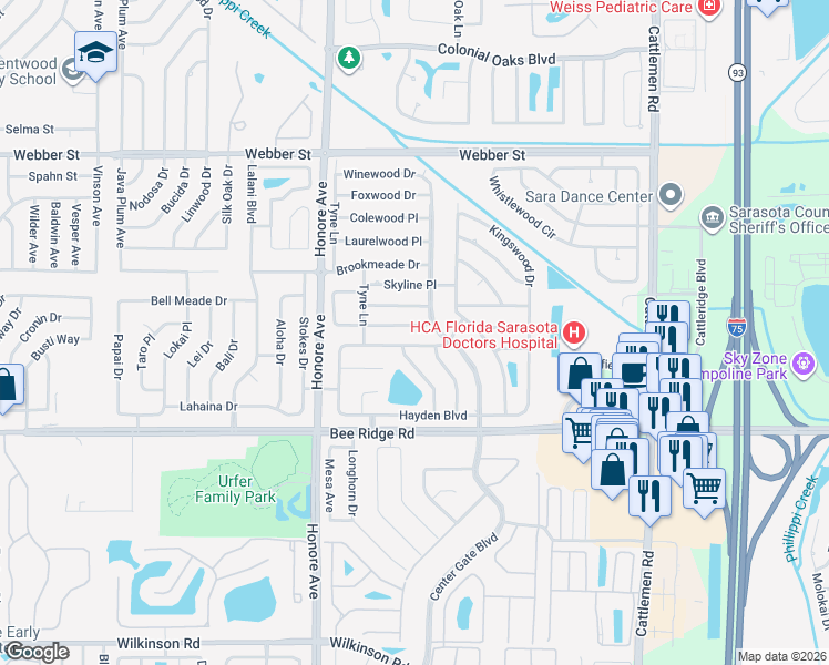map of restaurants, bars, coffee shops, grocery stores, and more near 5424 Duncanwood Drive in Sarasota