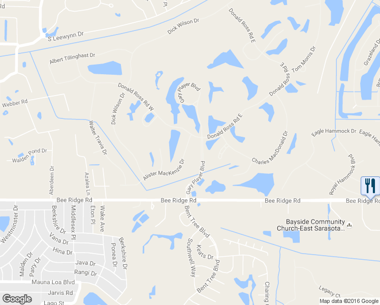 map of restaurants, bars, coffee shops, grocery stores, and more near 7767 Alister MacKenzie Drive in Sarasota