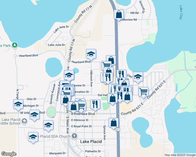 map of restaurants, bars, coffee shops, grocery stores, and more near 333 Maclyn Circle in Lake Placid