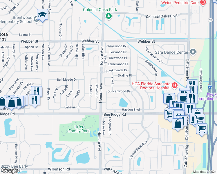 map of restaurants, bars, coffee shops, grocery stores, and more near 3458 Saulstars Court in Sarasota