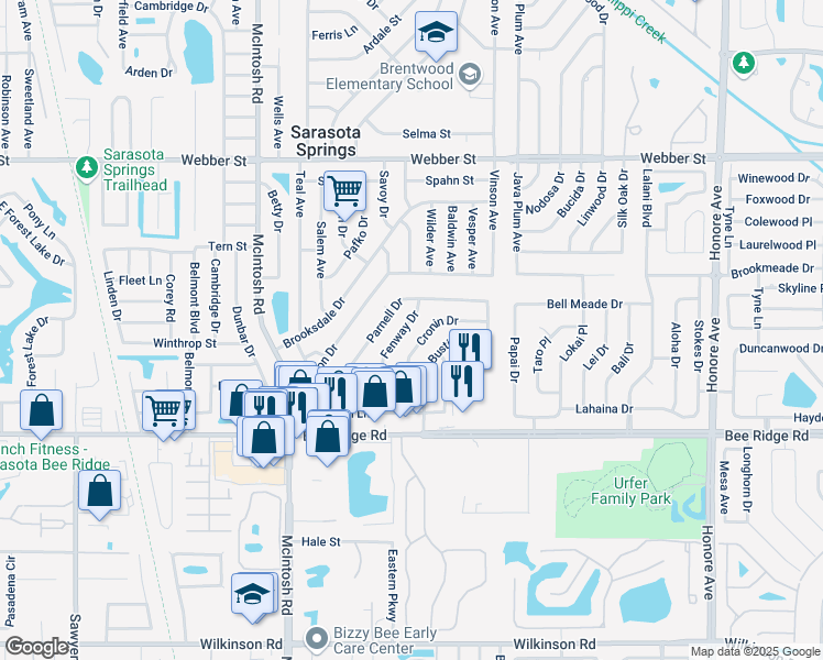 map of restaurants, bars, coffee shops, grocery stores, and more near 3417 Fenway Drive in Sarasota