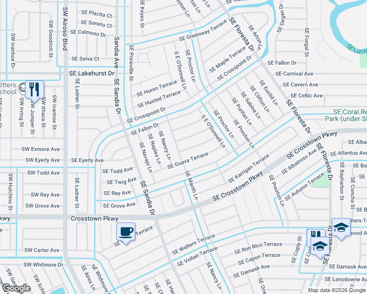 map of restaurants, bars, coffee shops, grocery stores, and more near 401 Southeast Justine Terrace in Port St. Lucie