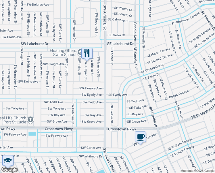 map of restaurants, bars, coffee shops, grocery stores, and more near 1240 Southeast Ladner Street in Port St. Lucie