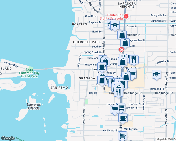 map of restaurants, bars, coffee shops, grocery stores, and more near 1715 Siesta Drive in Sarasota