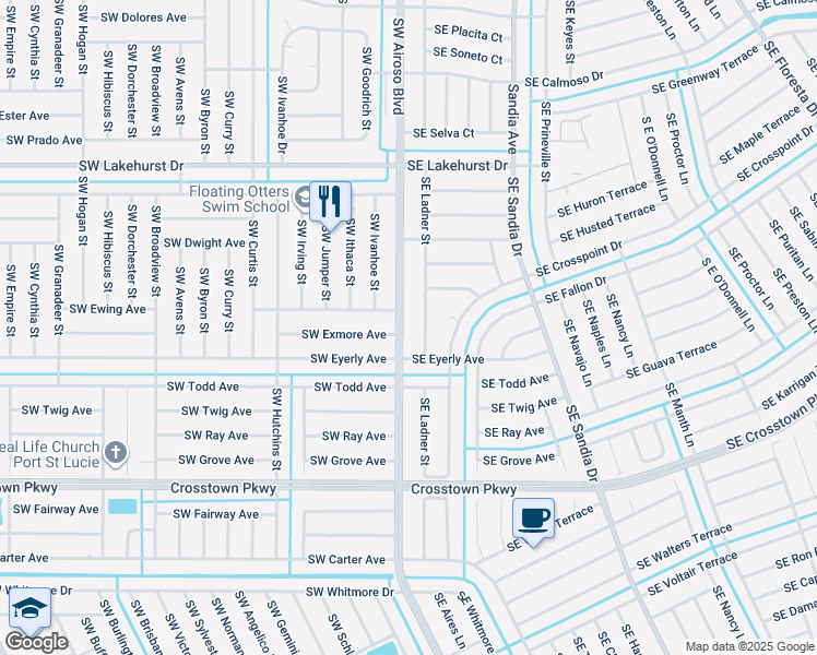 map of restaurants, bars, coffee shops, grocery stores, and more near 1240 Southeast Ladner Street in Port St. Lucie
