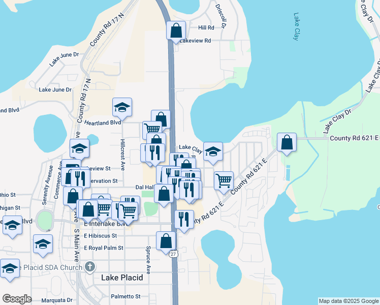 map of restaurants, bars, coffee shops, grocery stores, and more near 601 Lake Clay Drive South in Lake Placid