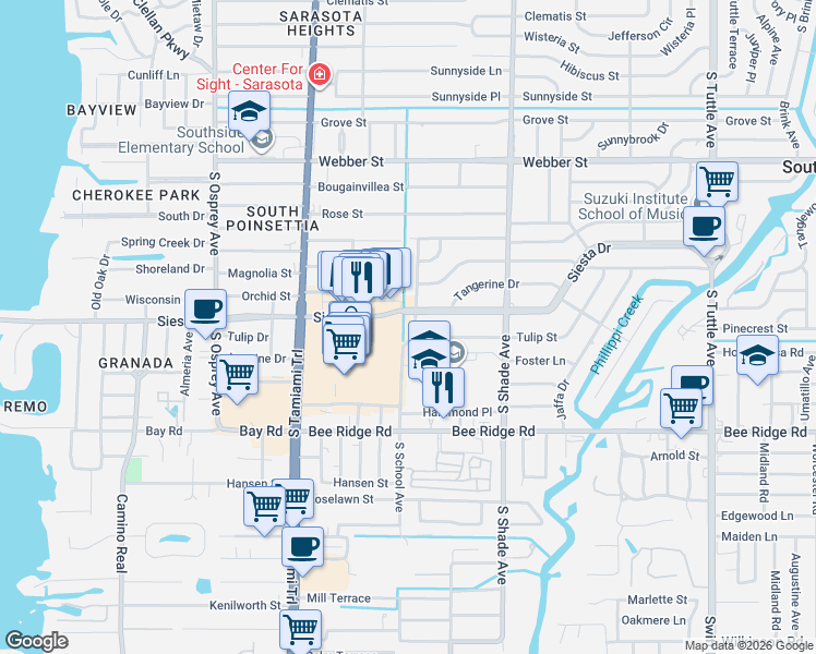 map of restaurants, bars, coffee shops, grocery stores, and more near in Southgate