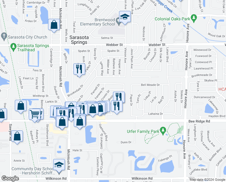 map of restaurants, bars, coffee shops, grocery stores, and more near 4680 Cronin Drive in Sarasota