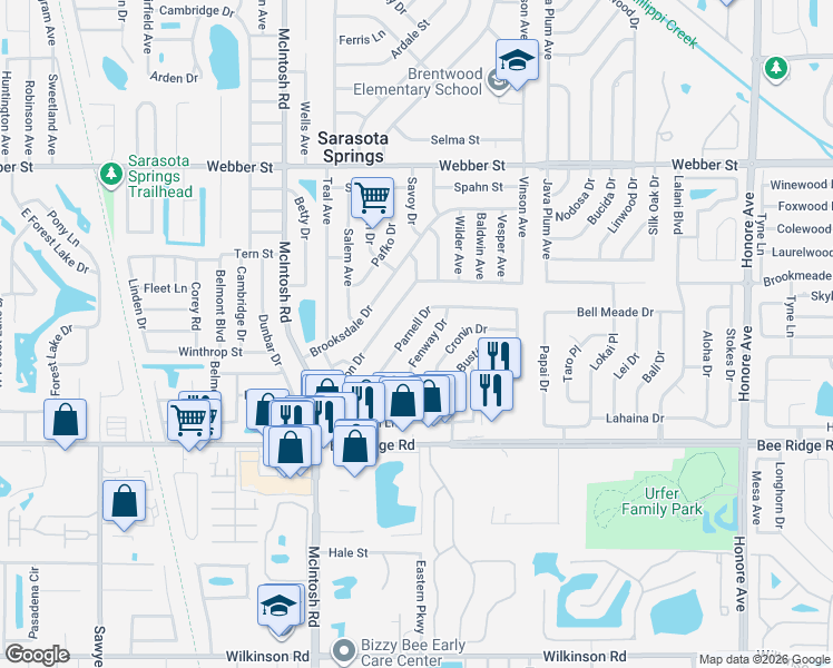 map of restaurants, bars, coffee shops, grocery stores, and more near 4563 Parnell Drive in Sarasota