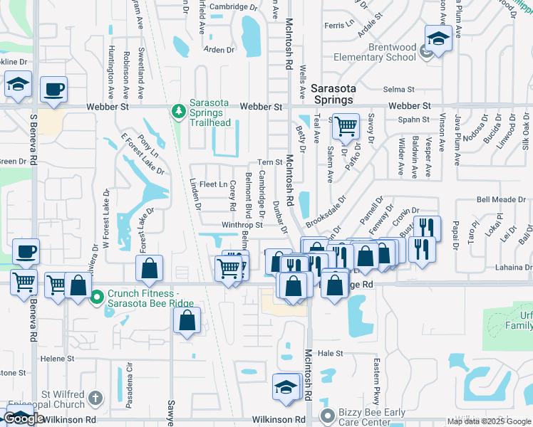 map of restaurants, bars, coffee shops, grocery stores, and more near 3413 Cambridge Drive in Sarasota