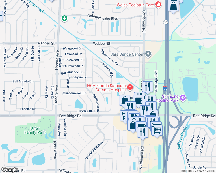 map of restaurants, bars, coffee shops, grocery stores, and more near 5555 Briarcliff Drive in Sarasota