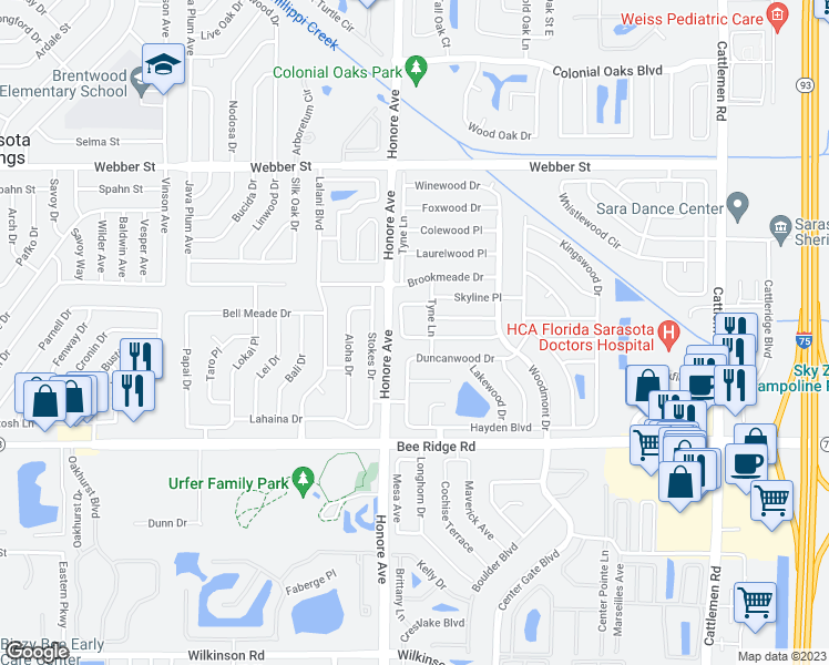 map of restaurants, bars, coffee shops, grocery stores, and more near 3537 Saulstars Court in Sarasota