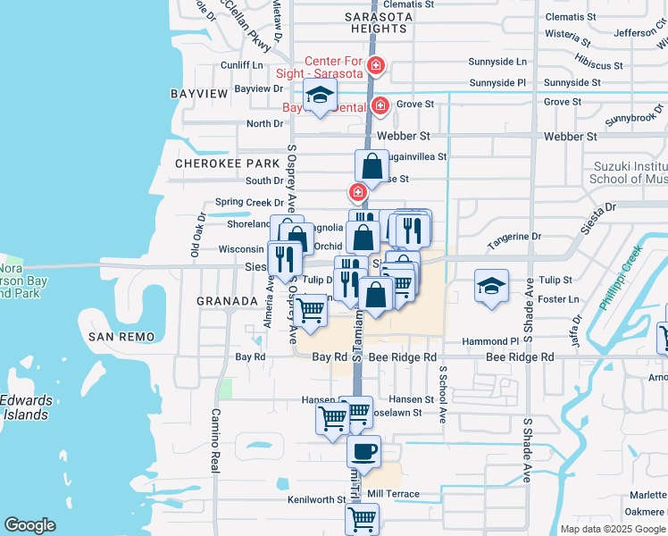map of restaurants, bars, coffee shops, grocery stores, and more near 1919 Siesta Drive in Sarasota