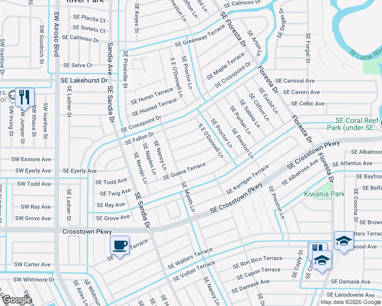 map of restaurants, bars, coffee shops, grocery stores, and more near 430 Southeast Justine Terrace in Port St. Lucie