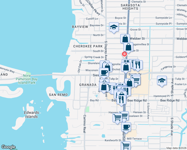 map of restaurants, bars, coffee shops, grocery stores, and more near 1715 Siesta Drive in Sarasota