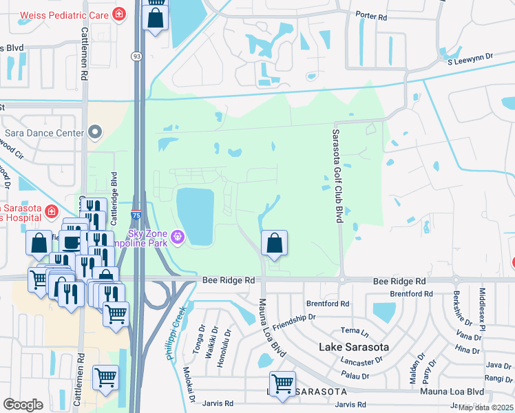 map of restaurants, bars, coffee shops, grocery stores, and more near 5660 Mauna Loa Boulevard in Sarasota