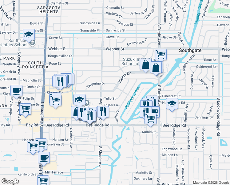 map of restaurants, bars, coffee shops, grocery stores, and more near 2444 Siesta Drive in Sarasota
