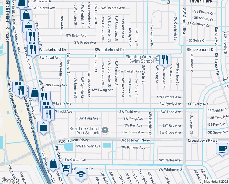 map of restaurants, bars, coffee shops, grocery stores, and more near 40 Southwest Ewing Avenue in Port St. Lucie