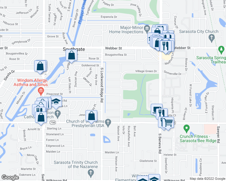 map of restaurants, bars, coffee shops, grocery stores, and more near 3262 Brockton Lane in Sarasota