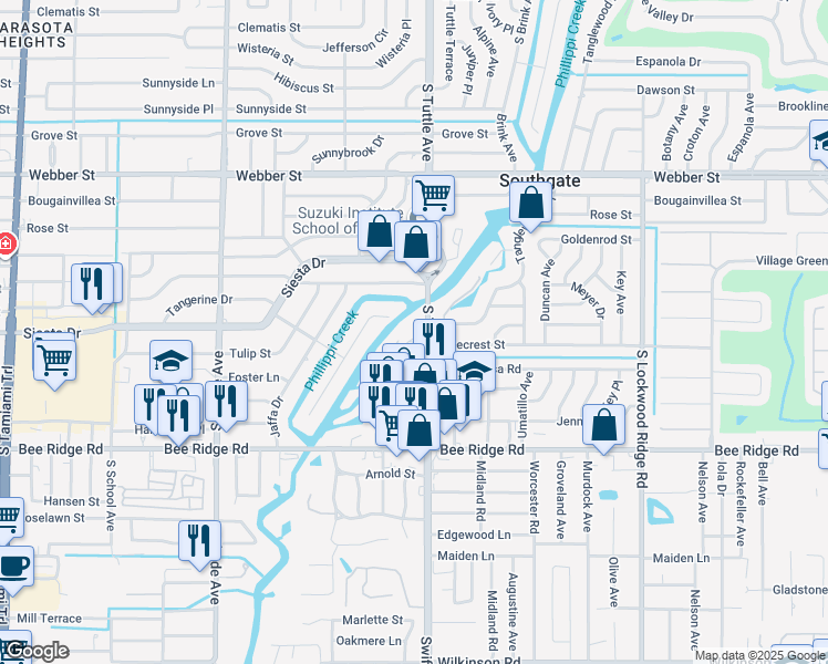 map of restaurants, bars, coffee shops, grocery stores, and more near 2700 Orchid Oaks Drive in Sarasota
