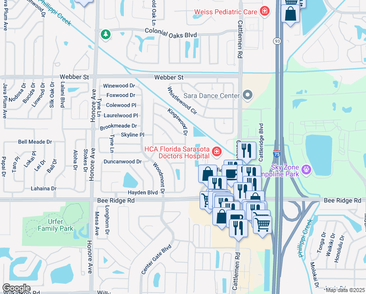 map of restaurants, bars, coffee shops, grocery stores, and more near 3418 Kingswood Drive in Sarasota