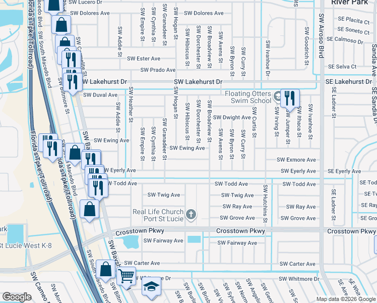 map of restaurants, bars, coffee shops, grocery stores, and more near 436 Southwest Ewing Avenue in Port St. Lucie