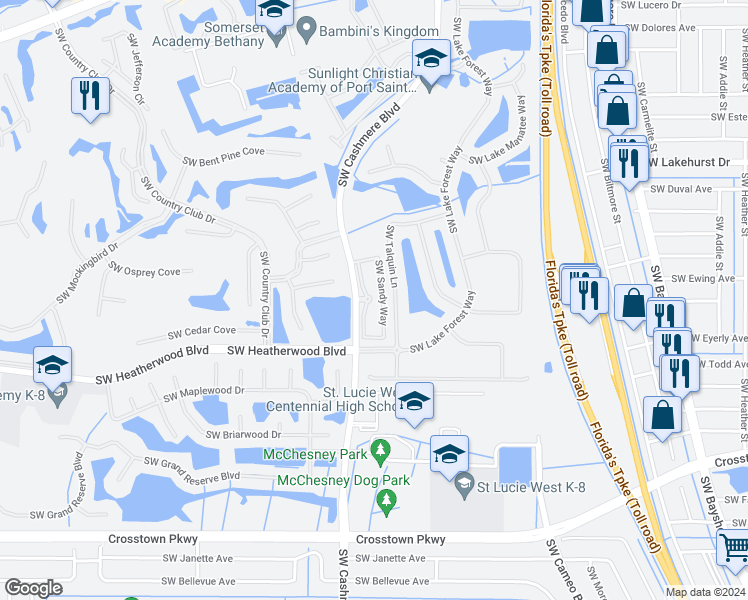 map of restaurants, bars, coffee shops, grocery stores, and more near 150 Southwest Hidden Cove Way in Port St. Lucie