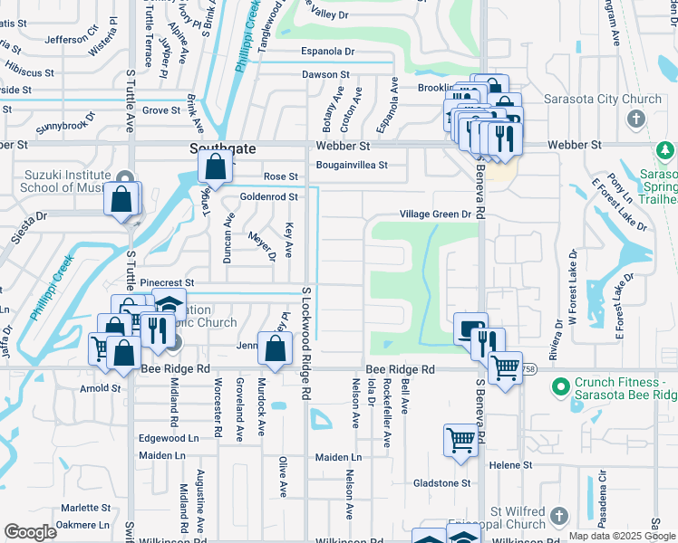 map of restaurants, bars, coffee shops, grocery stores, and more near 3212 Brockton Lane in Sarasota