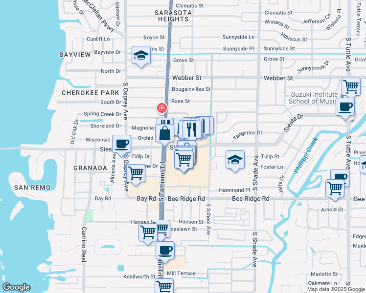 map of restaurants, bars, coffee shops, grocery stores, and more near in Sarasota