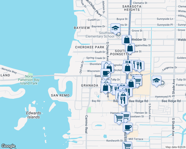 map of restaurants, bars, coffee shops, grocery stores, and more near 1701 Siesta Drive in Sarasota