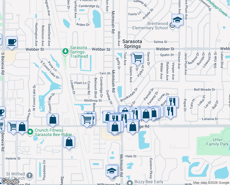 map of restaurants, bars, coffee shops, grocery stores, and more near 3417 McIntosh Road in Sarasota