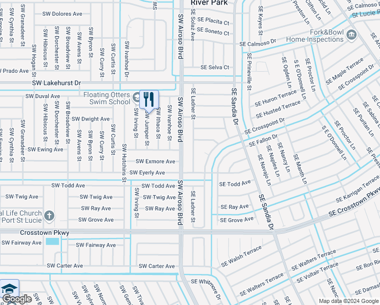 map of restaurants, bars, coffee shops, grocery stores, and more near 1240 Southeast Ladner Street in Port St. Lucie