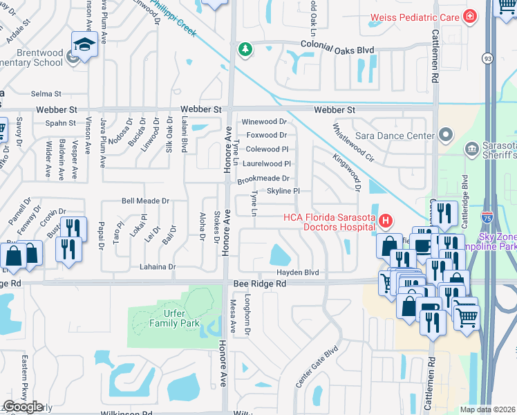 map of restaurants, bars, coffee shops, grocery stores, and more near 5354 Knollwood Place in Sarasota