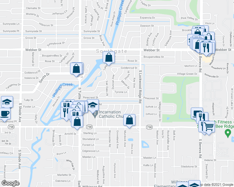 map of restaurants, bars, coffee shops, grocery stores, and more near 3040 Tyrone Lane in Sarasota