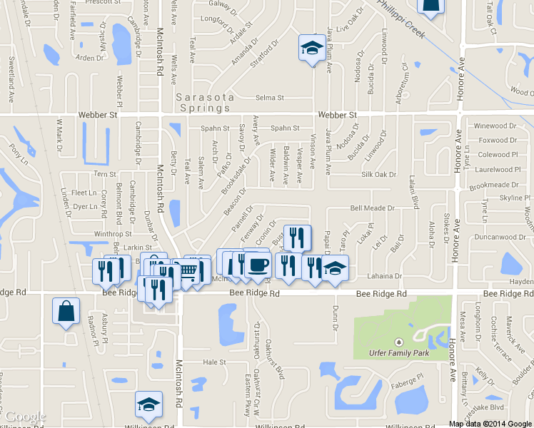map of restaurants, bars, coffee shops, grocery stores, and more near 3417 Fenway Drive in Sarasota