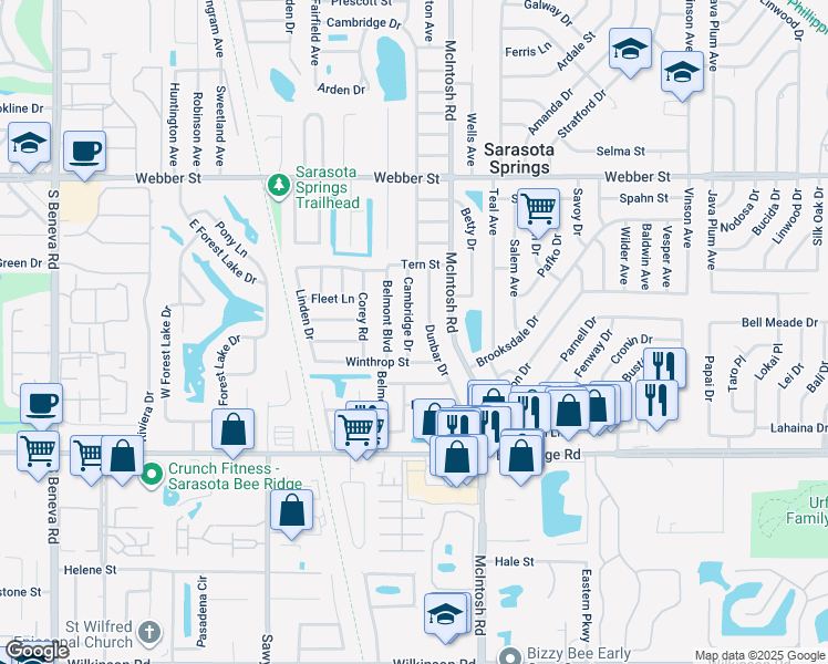 map of restaurants, bars, coffee shops, grocery stores, and more near 3413 Cambridge Drive in Sarasota