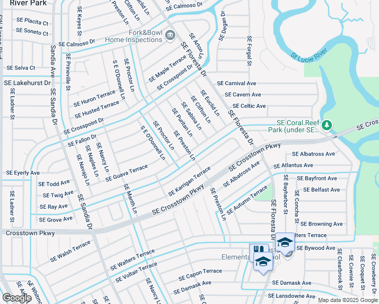 map of restaurants, bars, coffee shops, grocery stores, and more near 601 Southeast Evergreen Terrace in Port St. Lucie