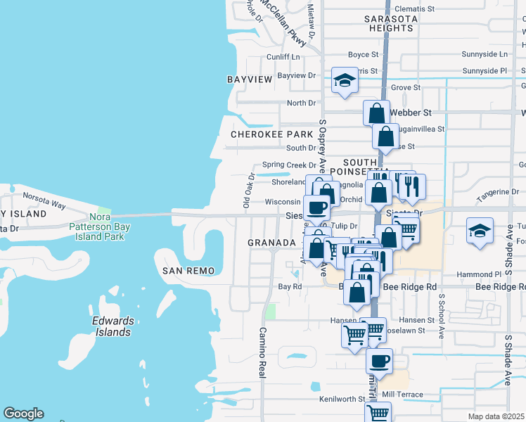 map of restaurants, bars, coffee shops, grocery stores, and more near 1647 Siesta Drive in Sarasota