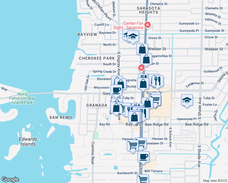 map of restaurants, bars, coffee shops, grocery stores, and more near 1755 Siesta Drive in Sarasota