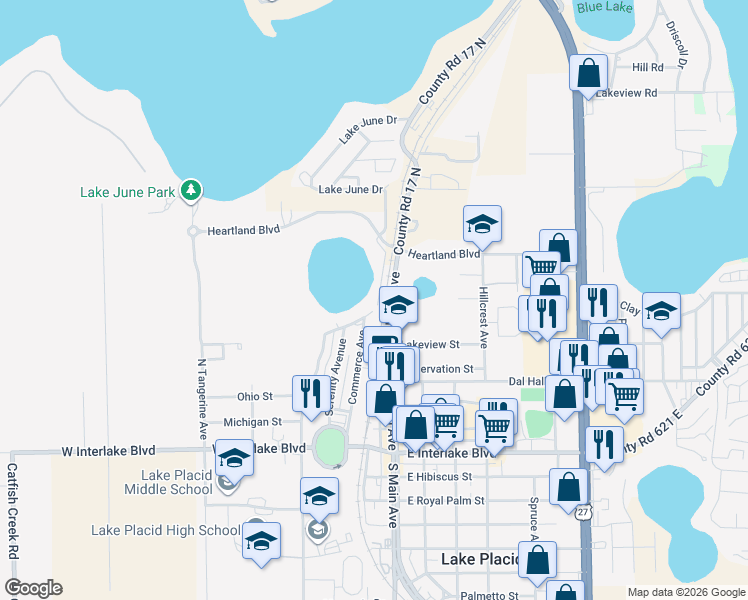 map of restaurants, bars, coffee shops, grocery stores, and more near 200 Lake Rachard Boulevard in Lake Placid