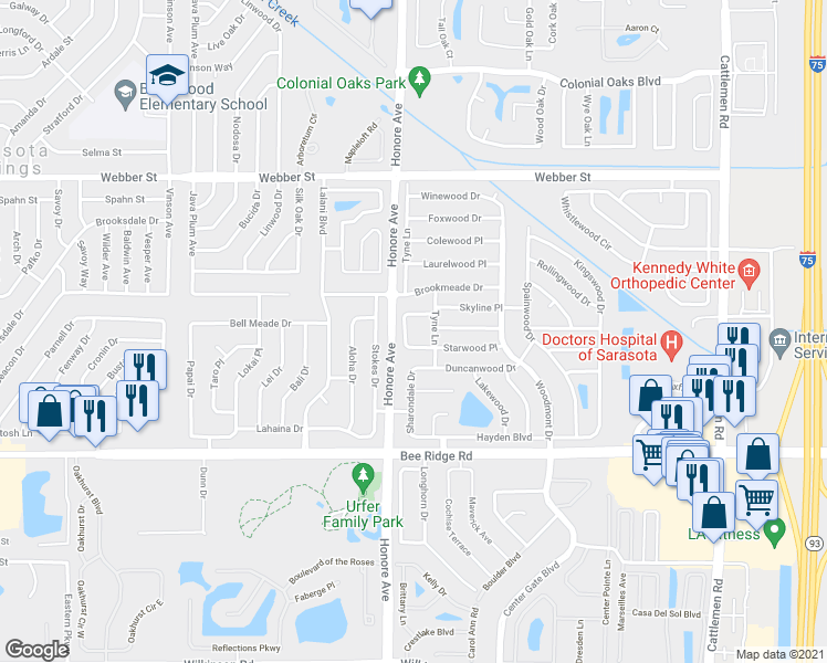 map of restaurants, bars, coffee shops, grocery stores, and more near 3458 Saulstars Court in Sarasota