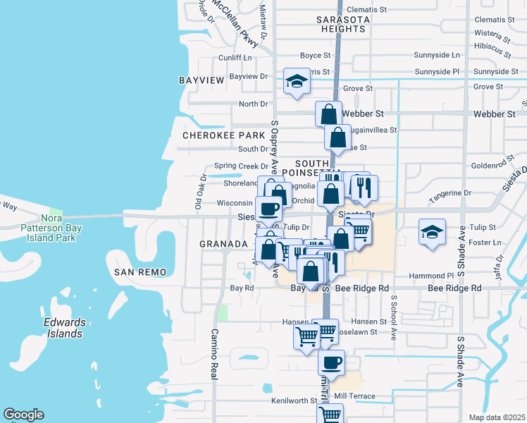 map of restaurants, bars, coffee shops, grocery stores, and more near 1755 Siesta Drive in Sarasota