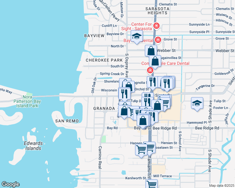 map of restaurants, bars, coffee shops, grocery stores, and more near 1755 Siesta Drive in Sarasota