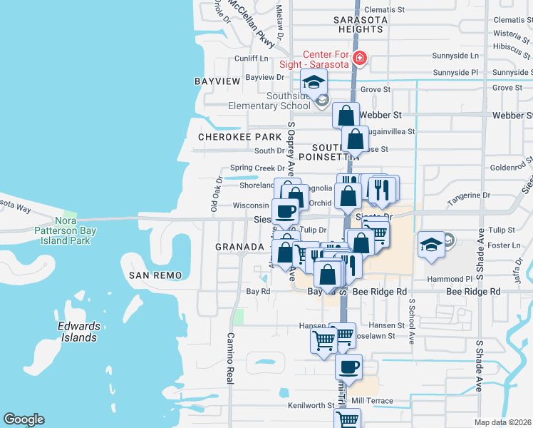 map of restaurants, bars, coffee shops, grocery stores, and more near 1761 Siesta Drive in Sarasota