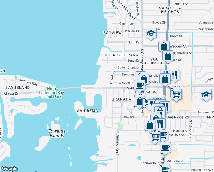 map of restaurants, bars, coffee shops, grocery stores, and more near 1575 Siesta Drive in Sarasota