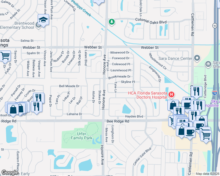 map of restaurants, bars, coffee shops, grocery stores, and more near 3458 Saulstars Court in Sarasota