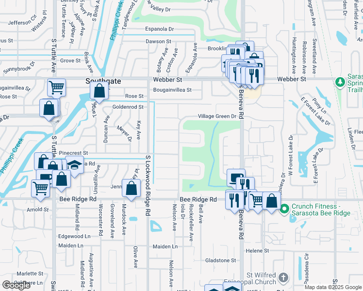 map of restaurants, bars, coffee shops, grocery stores, and more near 3423 Village Green Drive in Sarasota
